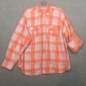 Sonoma 1X Coral Plaid Button-Up Shirt Salmon Pink Light Blue Pockets Roll‎ Tab